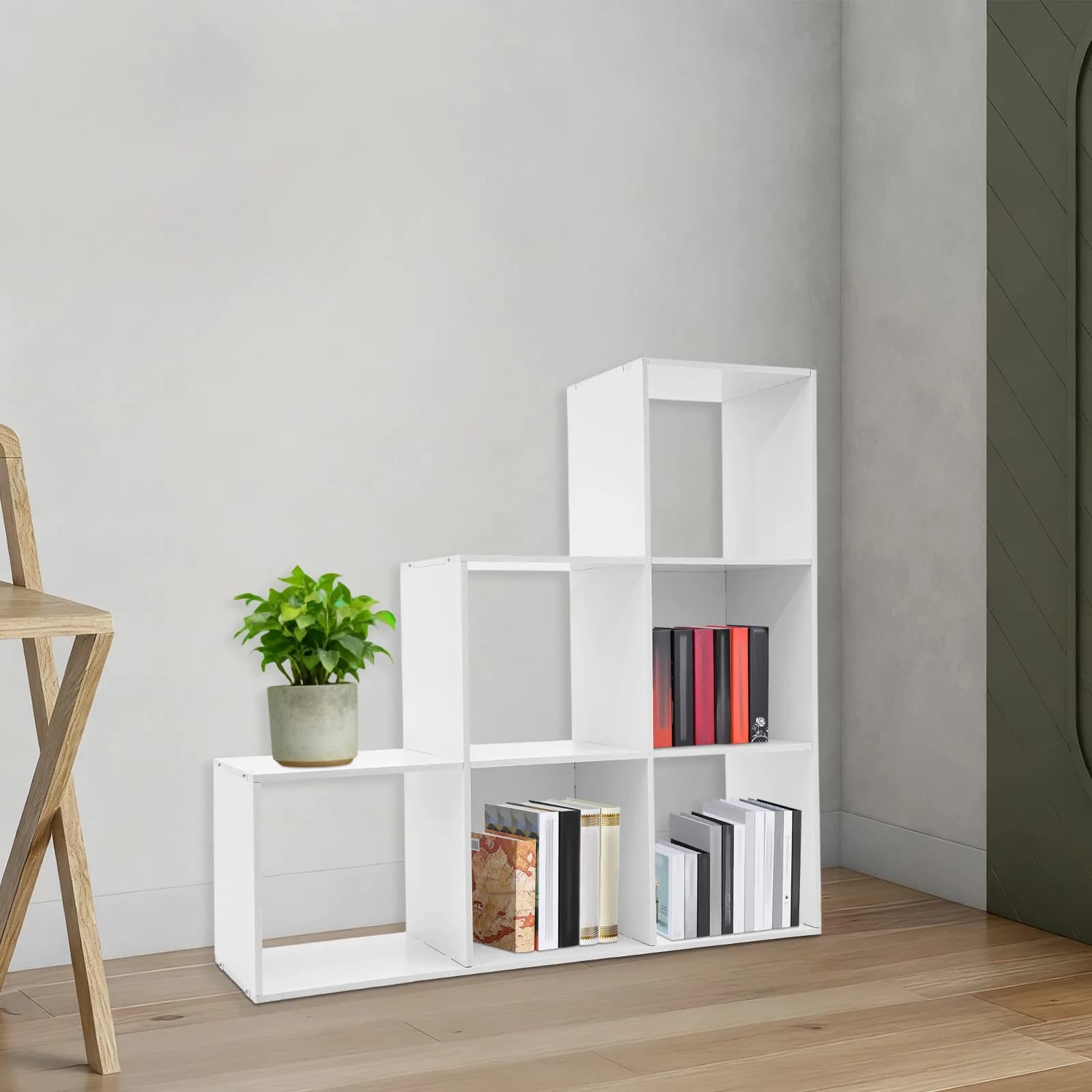 Libreria a 6 cubi a gradini a forma di L, scaffale angolare reversibile autoportante per casa e ufficio