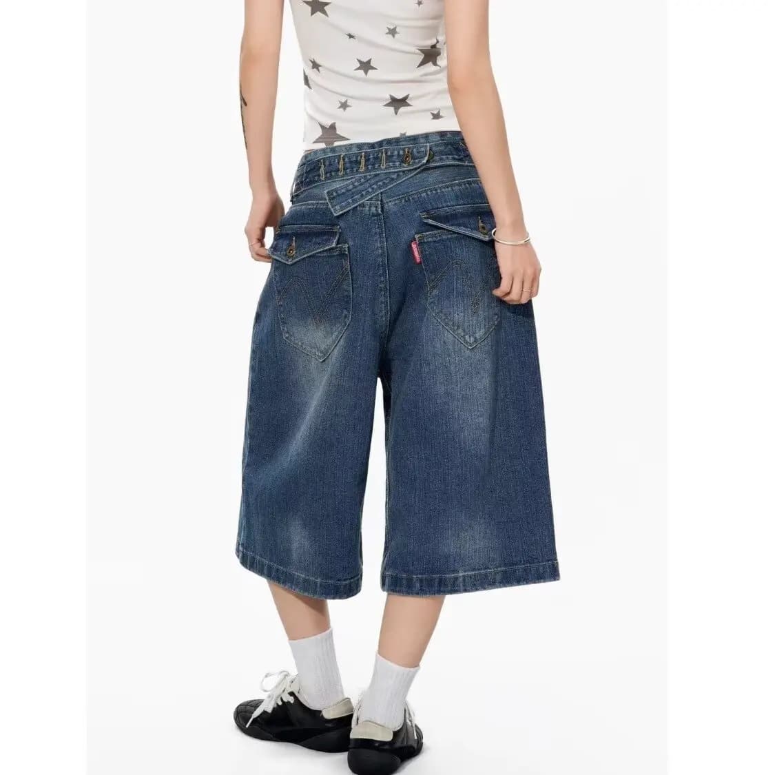 Pantaloncini in denim Y2K da donna americani estivi a vita alta, larghi, a gamba dritta, a sette quarti, a gamba larga