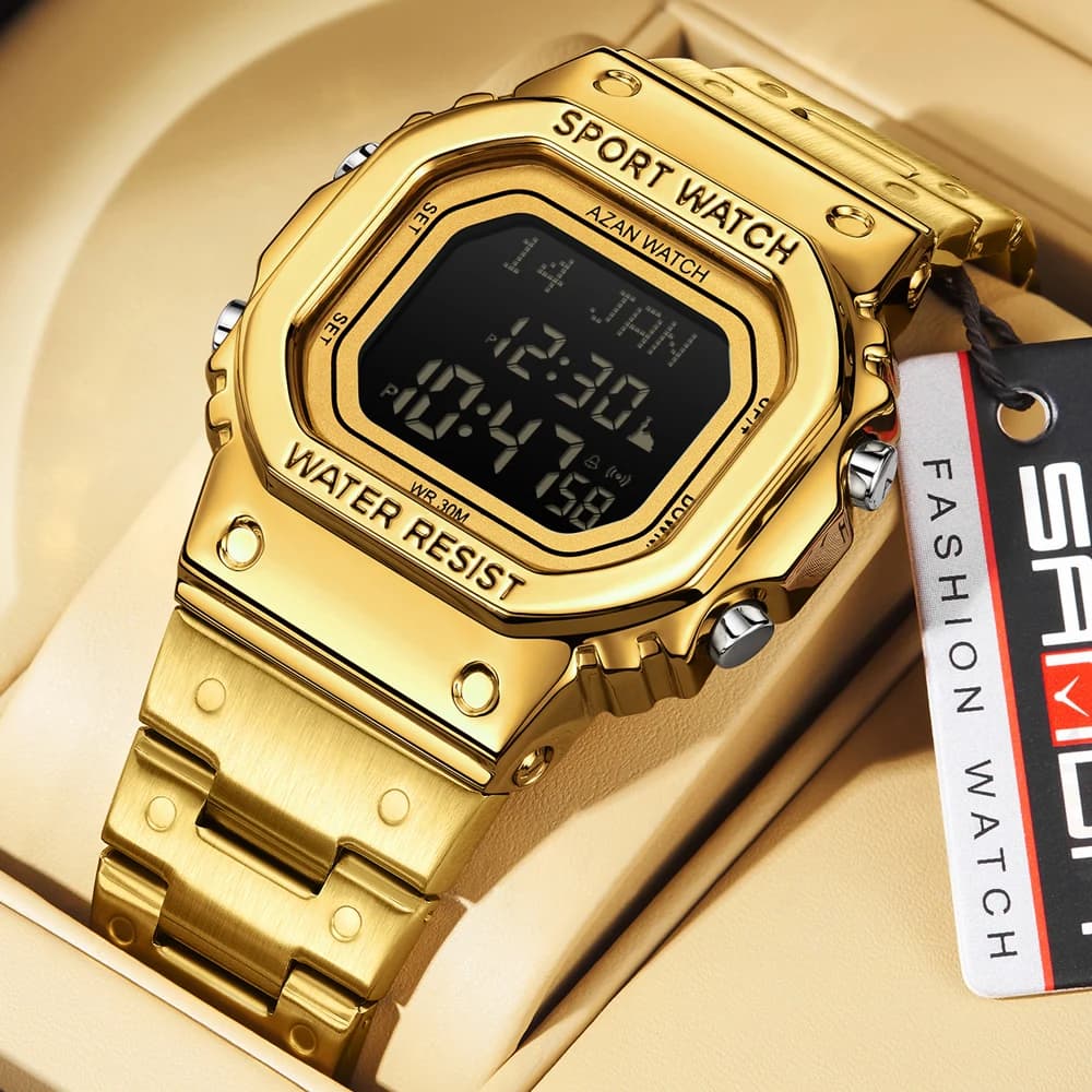 SANDA Men's Watch Original Waterproof LED Luminous Alarm Date Alarm Chronograph Men's Watch Golden Strap Digital Men's Watches