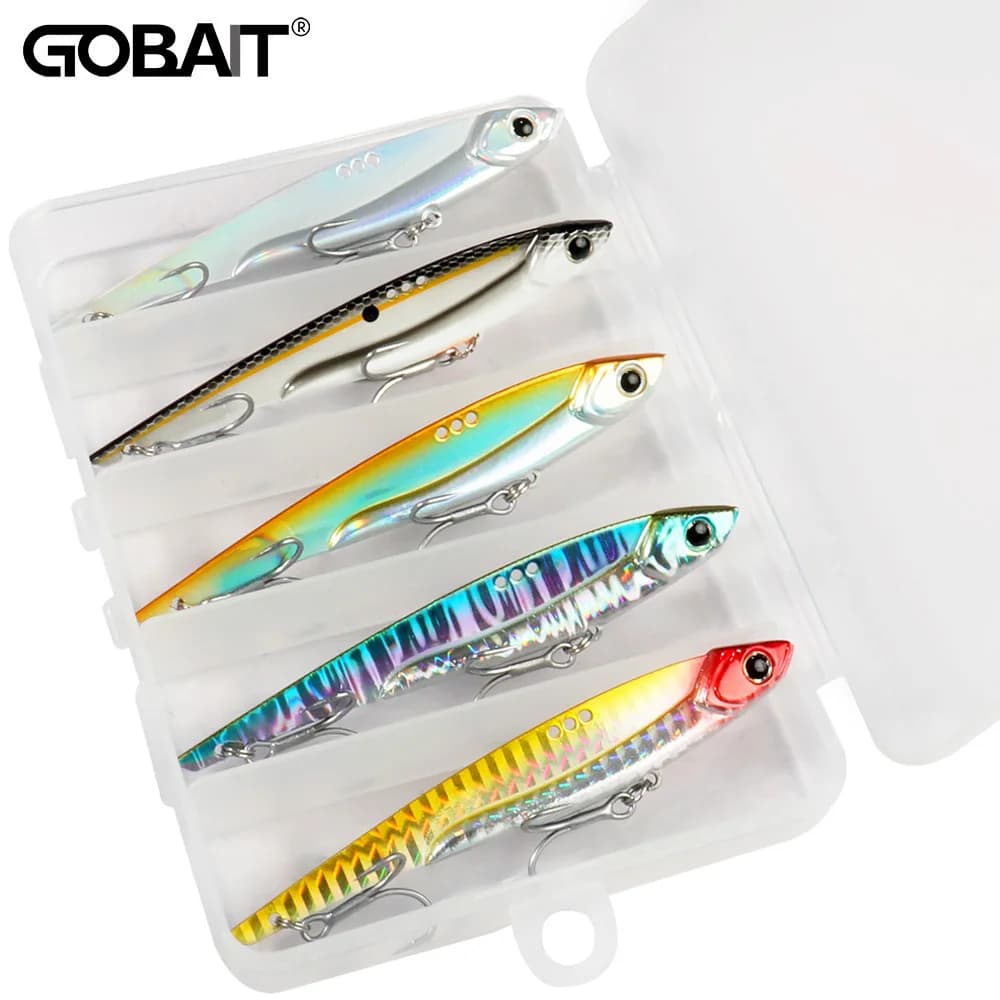 GOBAIT VIB Kit di esche 20g 25g 30g Metallo Jig Spinner Affondamento Lama Vibetion Ami tripli Pesca Attrezzatura da pesca Scatola Cucchiaio Esche Set