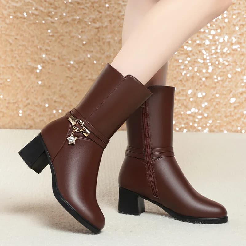 All Match Elegant Comfortable Mid Calf Soft Leather Boots Women's Platform Shoes 2026 Winter Casual Warm Fur Plush Boots Daily