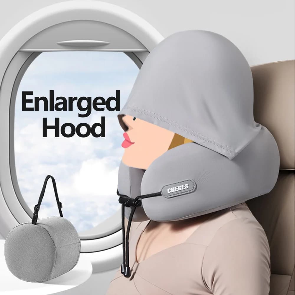 Cuscino a forma di U per interni auto da 1 pezzo, cuscino per il collo portatile da viaggio con cappuccio per aereo, cuscino da viaggio in memory foam, pieghevole