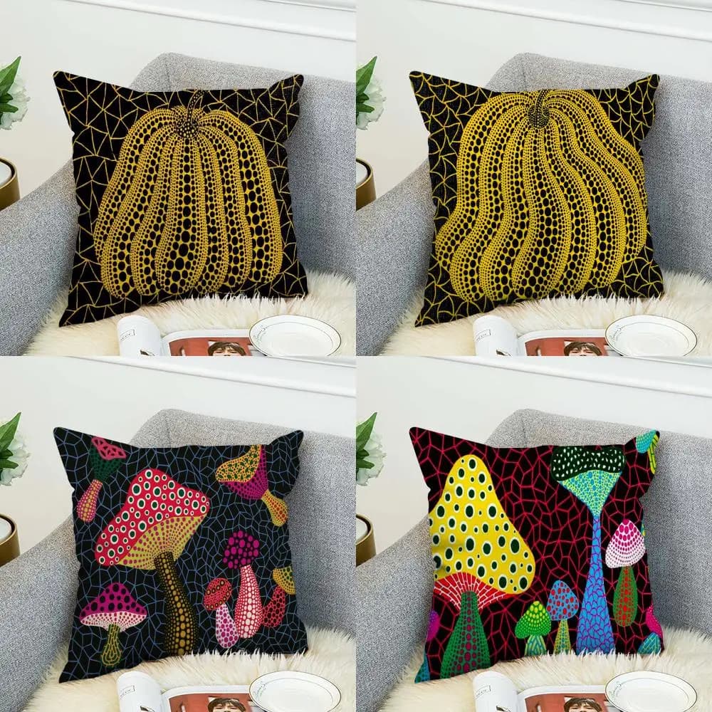 Fodera per cuscino a forma di zucca di Yayoi Kusama, decorativa per auto e divano, stampa fronte-retro, in peluche, quadrata, per cuscino decorativo