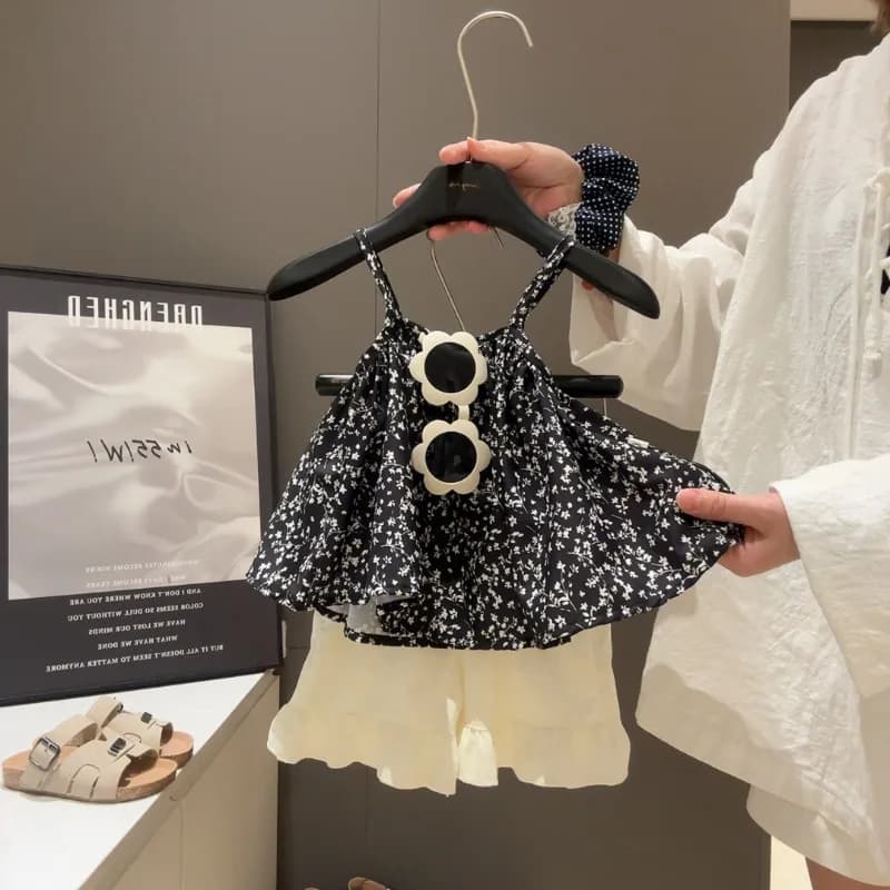Bellbell Set di Abbigliamento 2 Pezzi per Bambina, Completo in Mussola con Stampa Floreale, Top a Bretelle e Pantaloncini Sottili con Volant