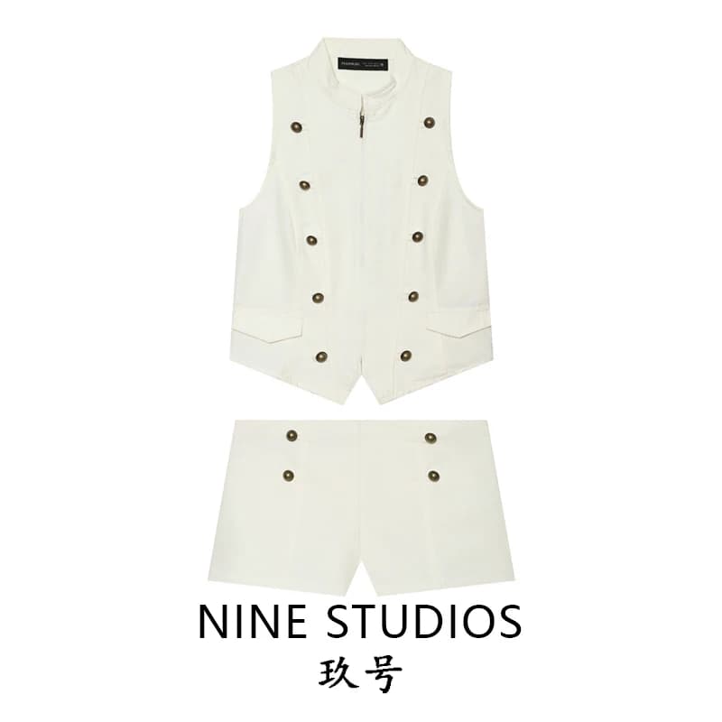 NINE ZAR Women's Fashion Set Zipper Button Decorated Top Vest Shorts Spring Summer Short Length Chinese Brand