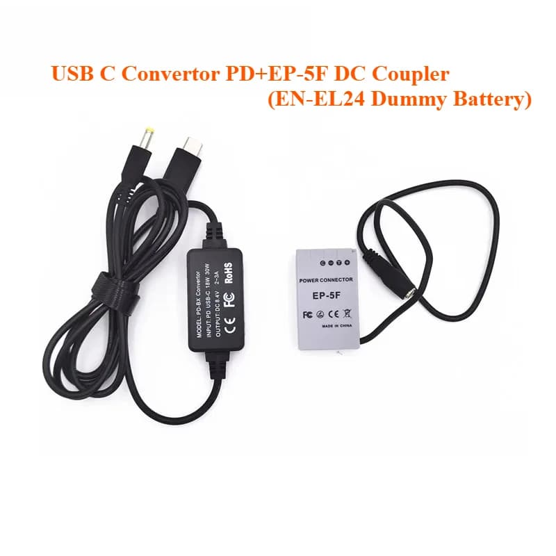 Convertitore USB C Power Bank PD + EN-EL24 Batteria fittizia EP-5F EP5F Accoppiatore CC per fotocamera 4017 pin per Nikon 1 J5 1J5