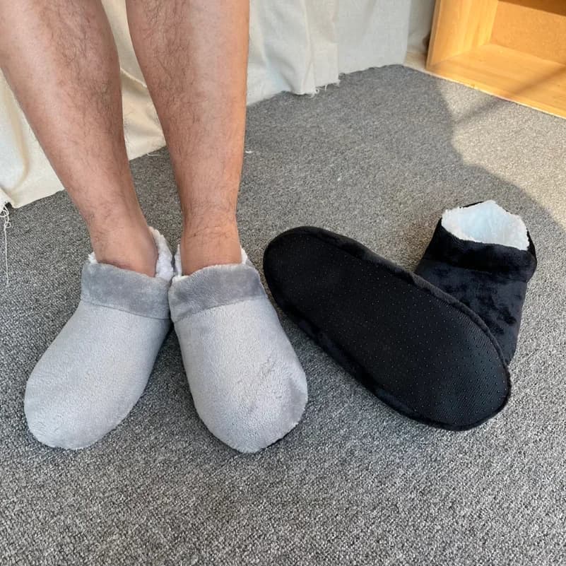 Pantofole soffici per la casa Calzino invernale da uomo caldo peluche Suola morbida Comodo pavimento grigio Maschio pigro Casual Coperta Casa sfocata Scarpe nere piatte