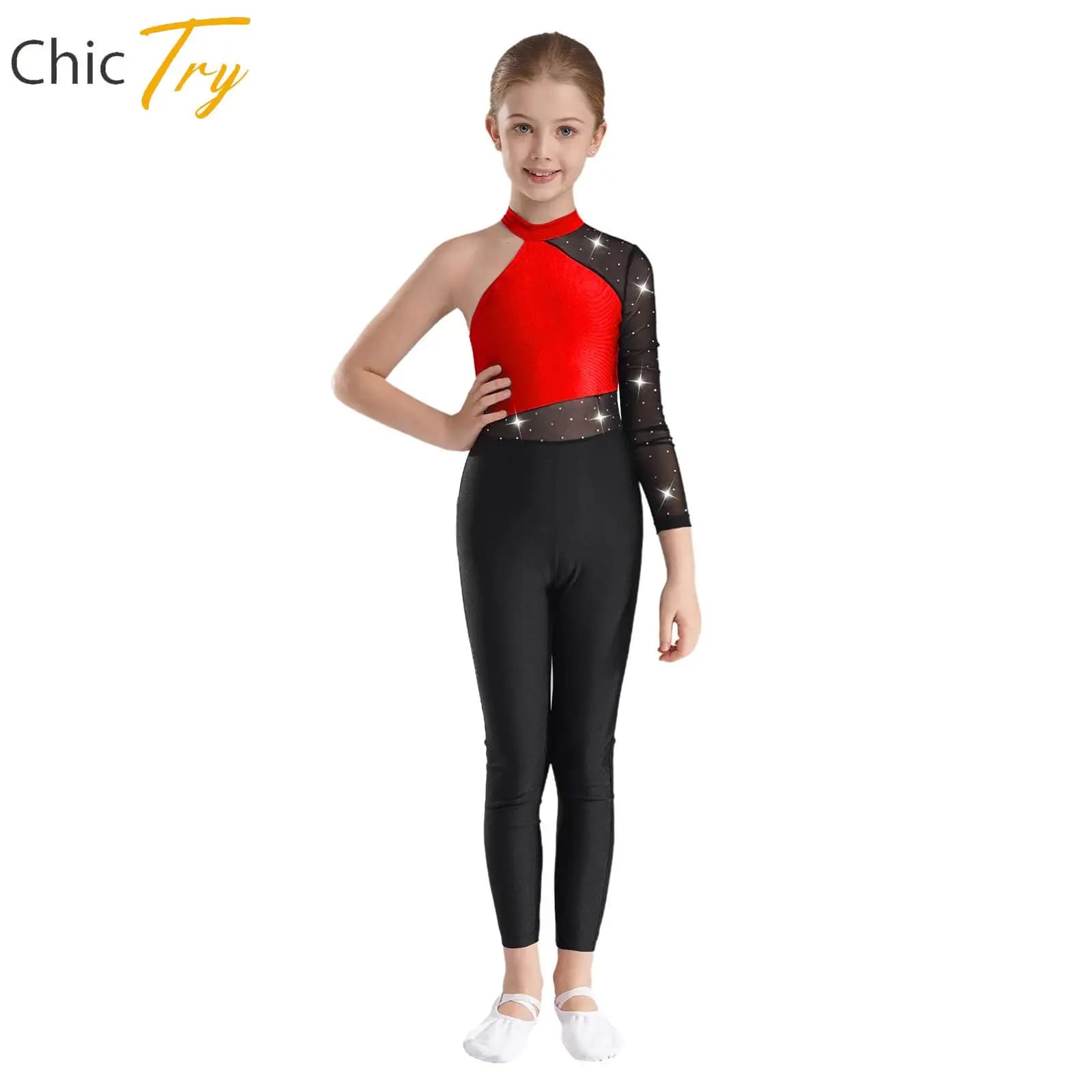Bambini Ragazze Una Spalla Balletto Ginnastica Tuta Strass Manica Lunga Body Figura Pattinaggio Su Ghiaccio Costume da Spettacolo di Danza