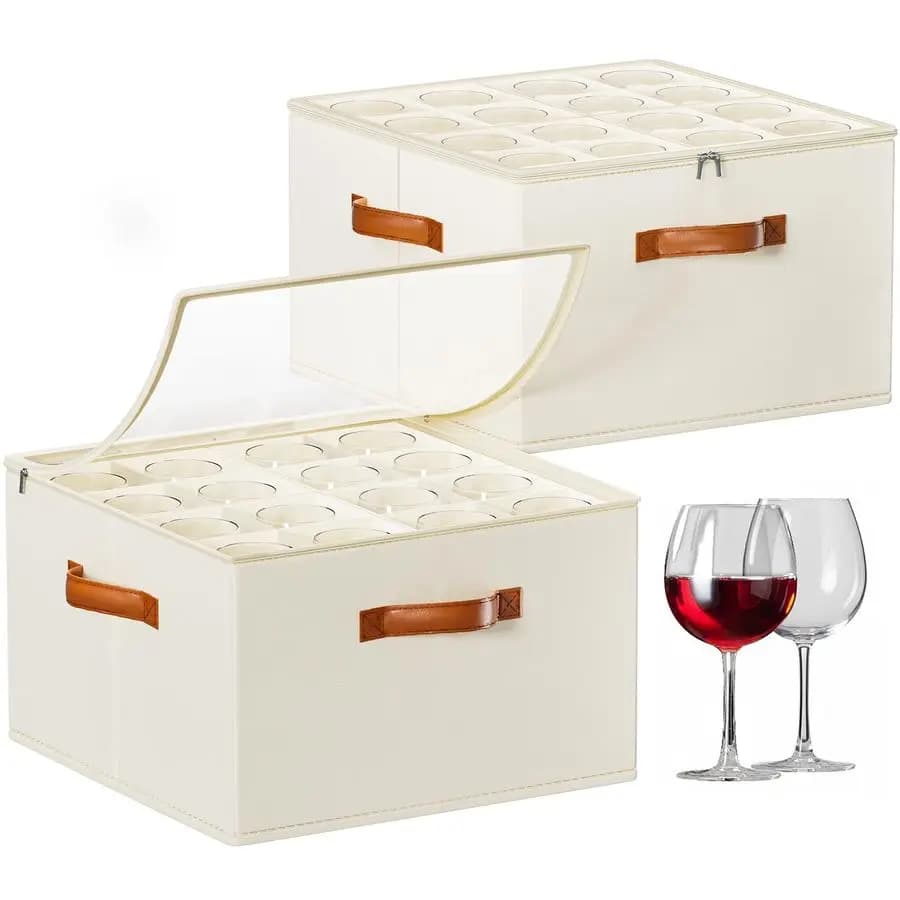 Wine glasses box with partitions, 2 containers for glasses, stackable wine glasses cases, contains 32 wine glasses
