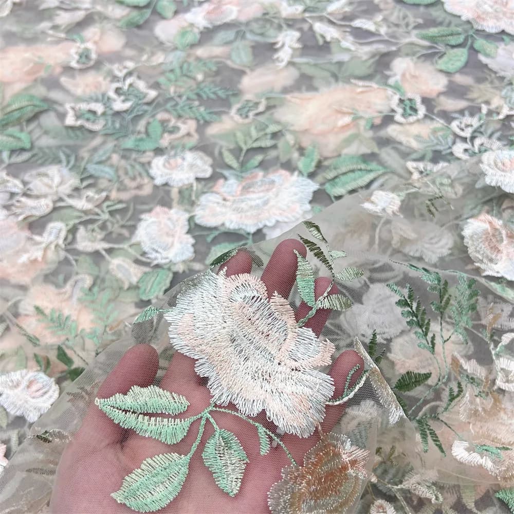 130cm Wide Light Green Mesh Fabric with Peony Flower Embroidery for Women's Dresses Wedding Gowns DIY Sewing Material F076