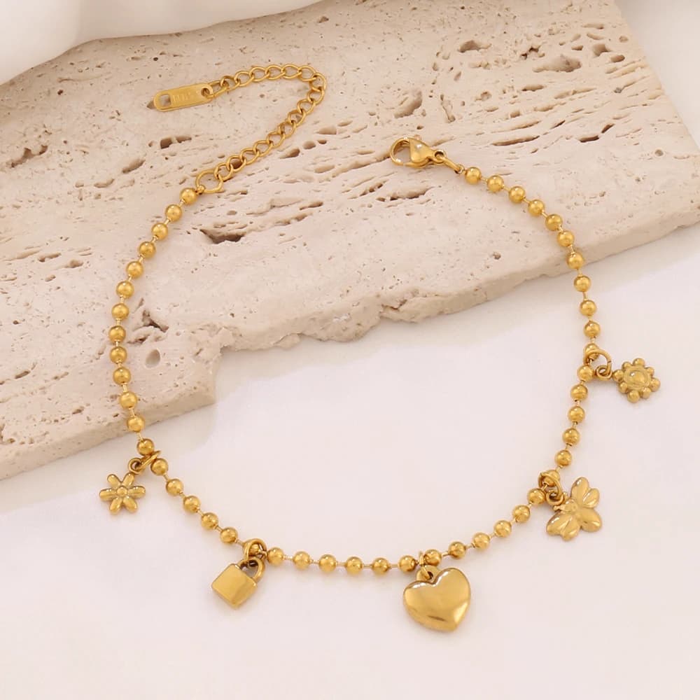 Cavigliera a catena con ciondolo a forma di cuore in acciaio inossidabile 316L per donna Fiore con chiusura a forma di ape Perline Bracciale alla caviglia con catena Gioielli da spiaggia