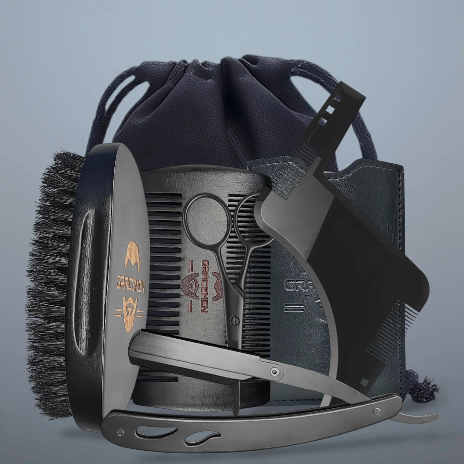 Beard Kit Gracemen - Bearing Set for Men - Includes Stencil for Barba, Brush, Pettine, Custody, Free Hand Razor, Scissors and Travel Bag