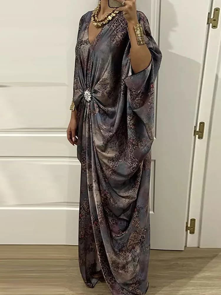 Abito Lungo da Donna con Maniche a Pipistrello e Drappeggio, Scollo a V, Stampa Vintage, per Feste, Collezione Primavera 2026
