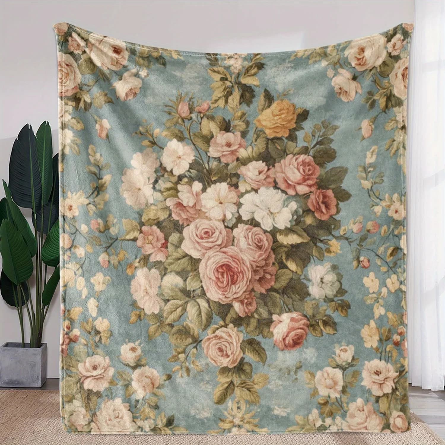 Coperta con stampa floreale rosa vintage - Flanella morbida e accogliente con rose rosa - Ideale per divano, letto, auto, ufficio, viaggi in campeggio