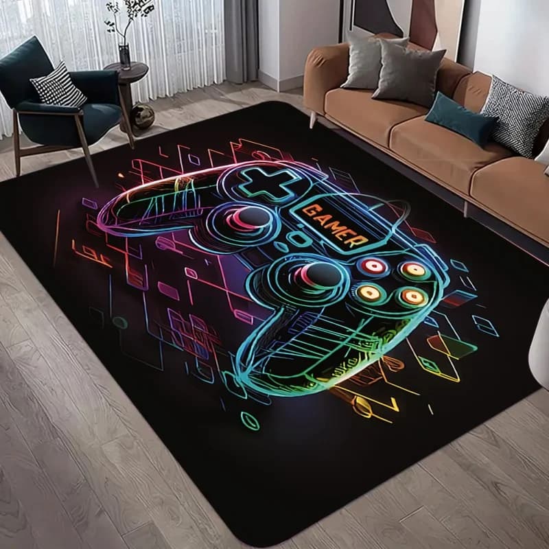 Neon Gamer Controller Area Rug Non-Slip Soft Carpet Cool Video Game Home Decor Floor Mat for Bedroom Game Room