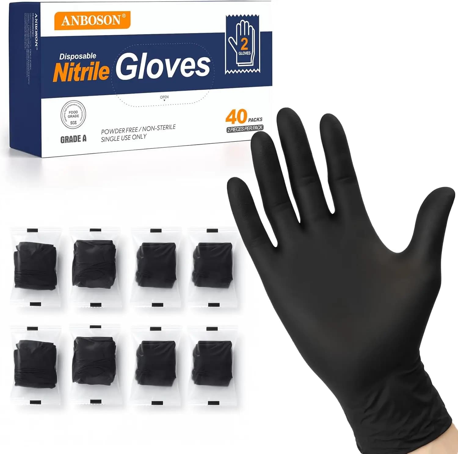 Guanti in Nitrile Confezionati Singolarmente 5mil, 40 Paia (80 Pezzi), Senza Lattice, Senza Polvere per Viaggi, Manipolazione Alimenti, Pulizie