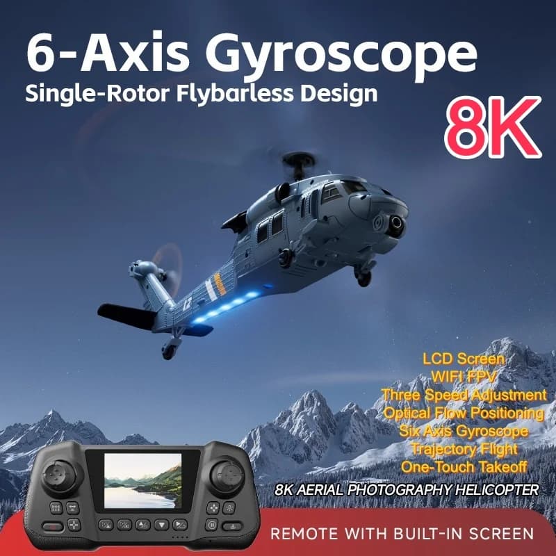Elicottero Militare Telecomandato con Schermo, Giroscopio a 6 Assi, Rotore Singolo, Flusso Ottico Aereo 8K, WIFI FPV, Giocattolo RC