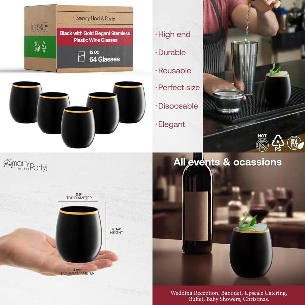 Confezione da 64 bicchieri da vino in plastica nera senza stelo da 12 once con cerchi dorati - usa e getta o riutilizzabili per le feste