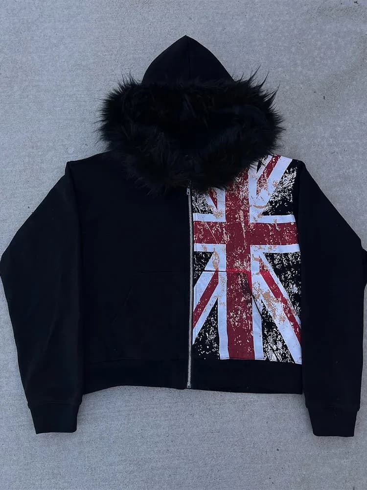 Winter Punk Style Distressed Union Hoodie women Fashion Retro Grunge Zip-up Sweatshirt Streetwear Oversized Hooded 2025 New