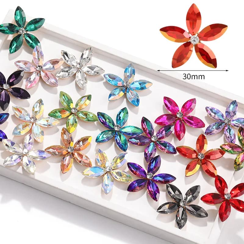 5 Pieces Shimmering Glass Rhinestone Floral Metal Base Petals Craft DIY Bag Decorative Handmade Hair Clip Jewelry Accessories