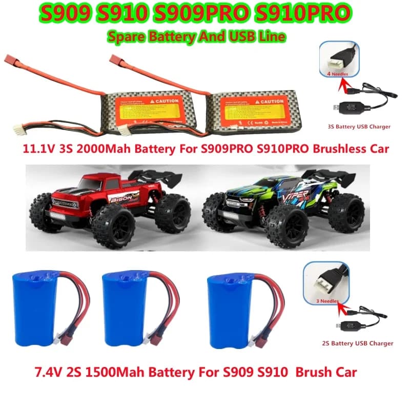 Batteria per Auto S909PRO 7.4V 1500mAh 11.1V 2000MAH USB per Auto RC S909 S910 S909PRO S910PRO Accessori Originali Batteria 3S