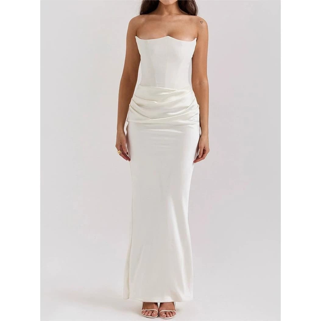Elegant Pure Color Sexy Strapless Gown with Waist Cinching Pleats Bodycon Long Dress Cocktail Party Evening Gown Dress