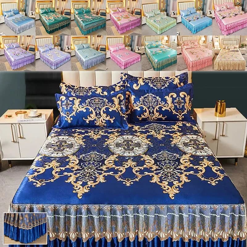 Set of 3 pieces Luxury Lace Bed skirt Light Blue royal bed skirt with elastic band for bedspread for wedding