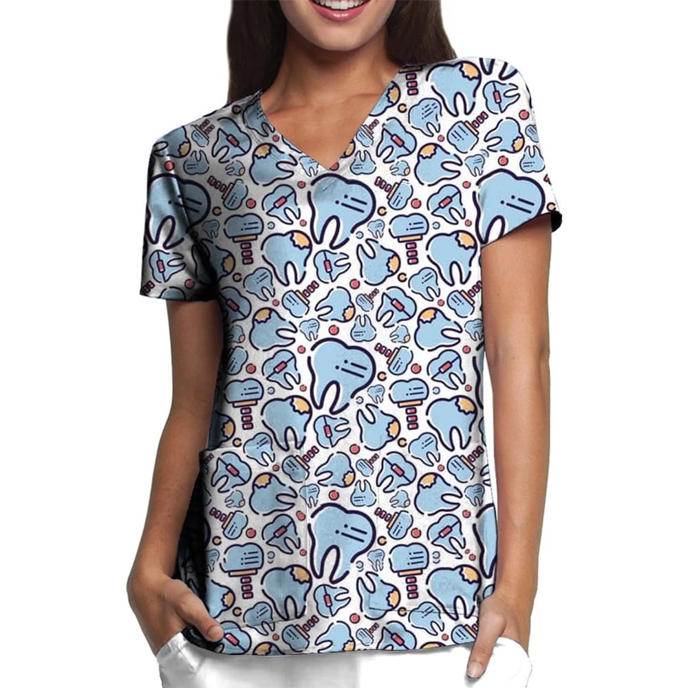 Scrub da donna Top Denti stampati Infermiera medico Uniforme infermieristica Dentista Clinica veterinaria Camicetta chirurgica T-shirt medica da donna