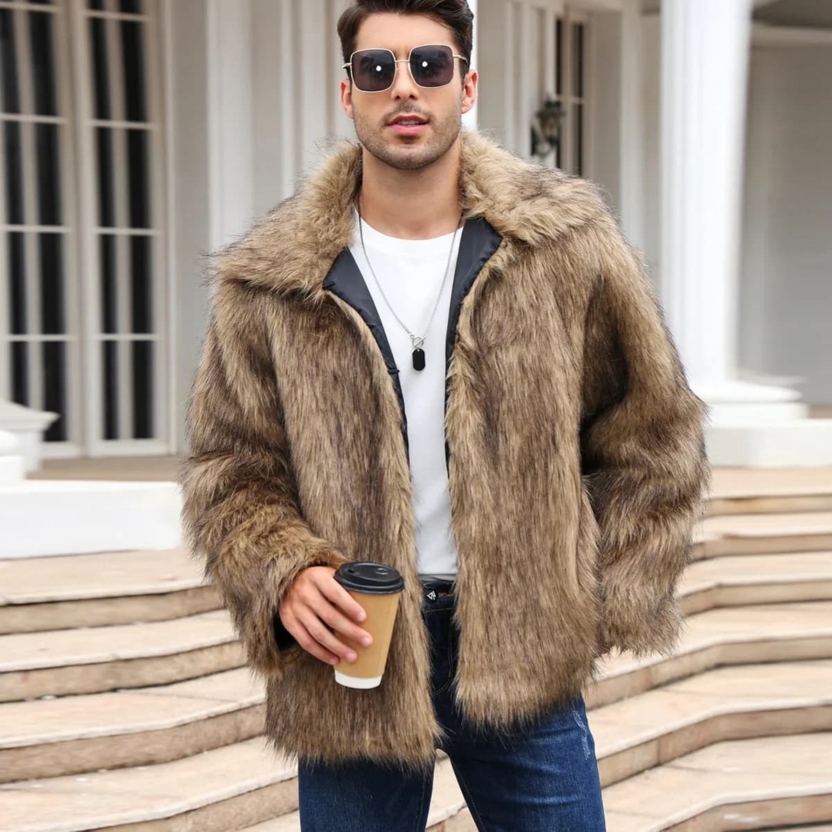 Cappotto da uomo in pelliccia di volpe sintetica Cappotto invernale spesso soffice manica lunga Risvolto caldo Shaggy Capispalla Giacca di pelliccia di lusso Bontjas Giacche da uomo