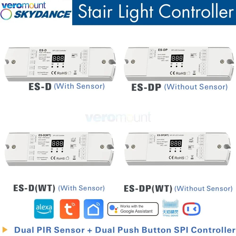 DC5V-24V Doppio sensore PIR Doppio pulsante SPI Controller luce scale ES-D ES-DP Versione WiFi RF per Pixel RGB / Striscia LED bianca