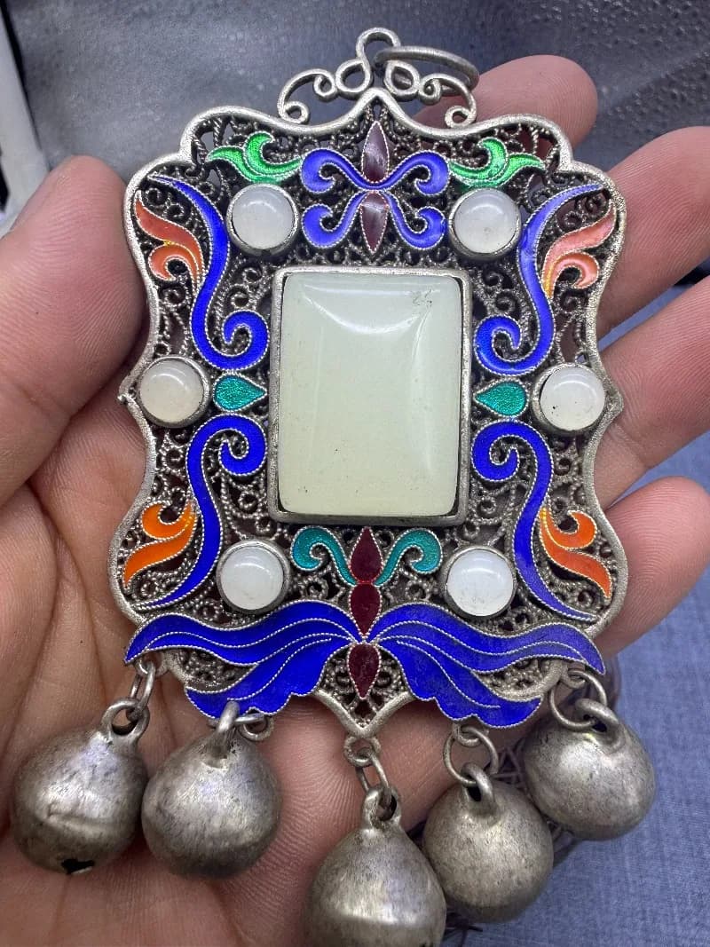 Vintage Old Silver Cloisonne Bell Pendant, Hand Inlaid Gemstone Real Shot Retro Chinese Collectible Necklace Accessory