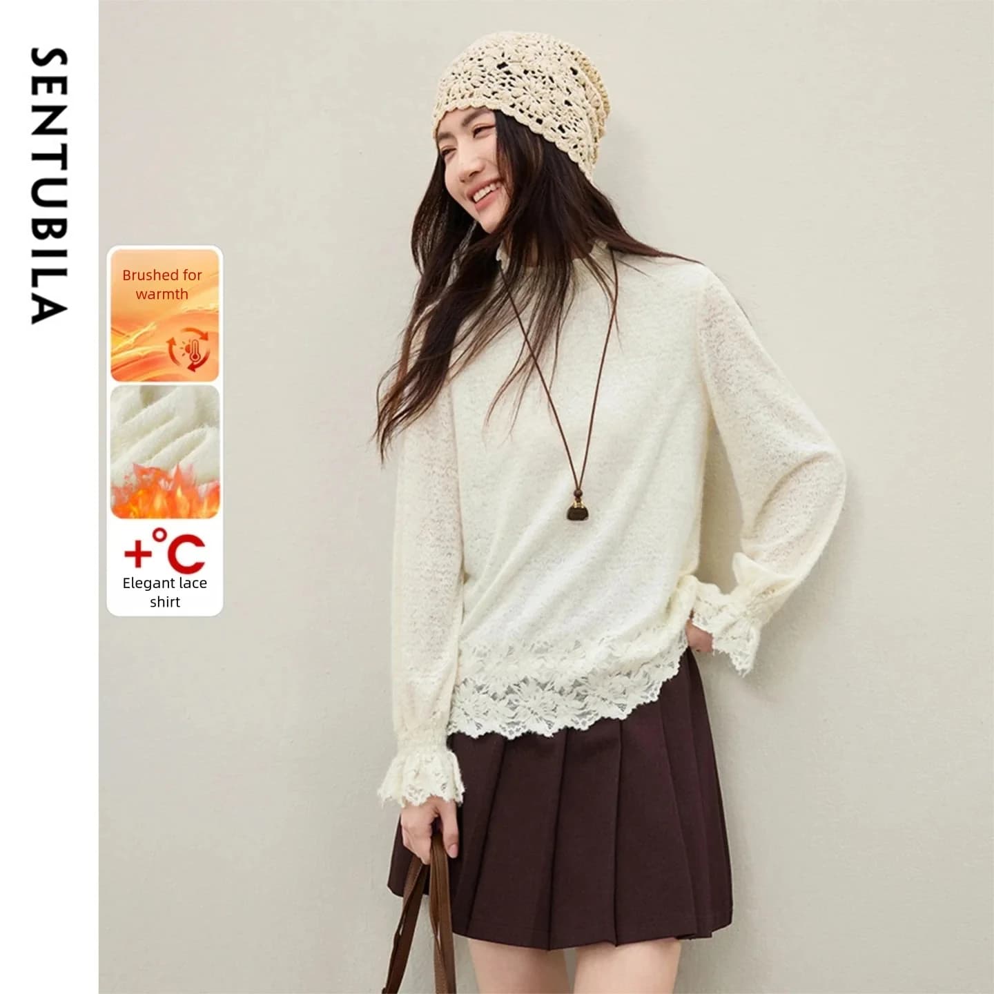 SENTUBILA Eleganti Bluse da Donna con Collo Semi-Alto e Lavorazione Traforata, Nuova Collezione Inverno 2026, Top in Pizzo con Maniche a Campana Q54SA4998