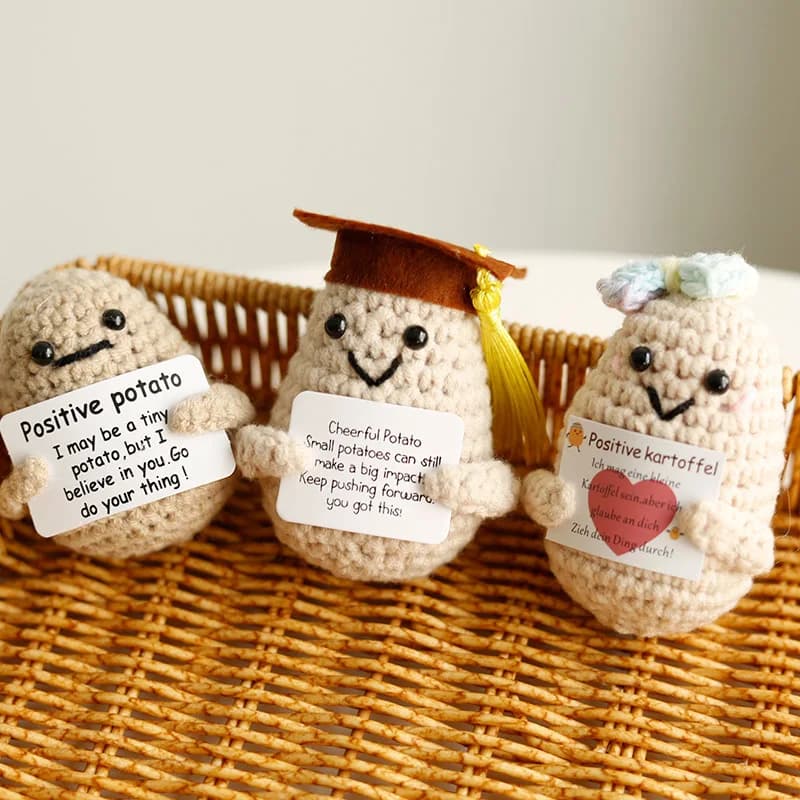 Divertente bambola lavorata a maglia in lana di peluche fatta a mano con tasca per abbraccio di patate a energia positiva con carta Decorazione della stanza di casa Regali di Natale