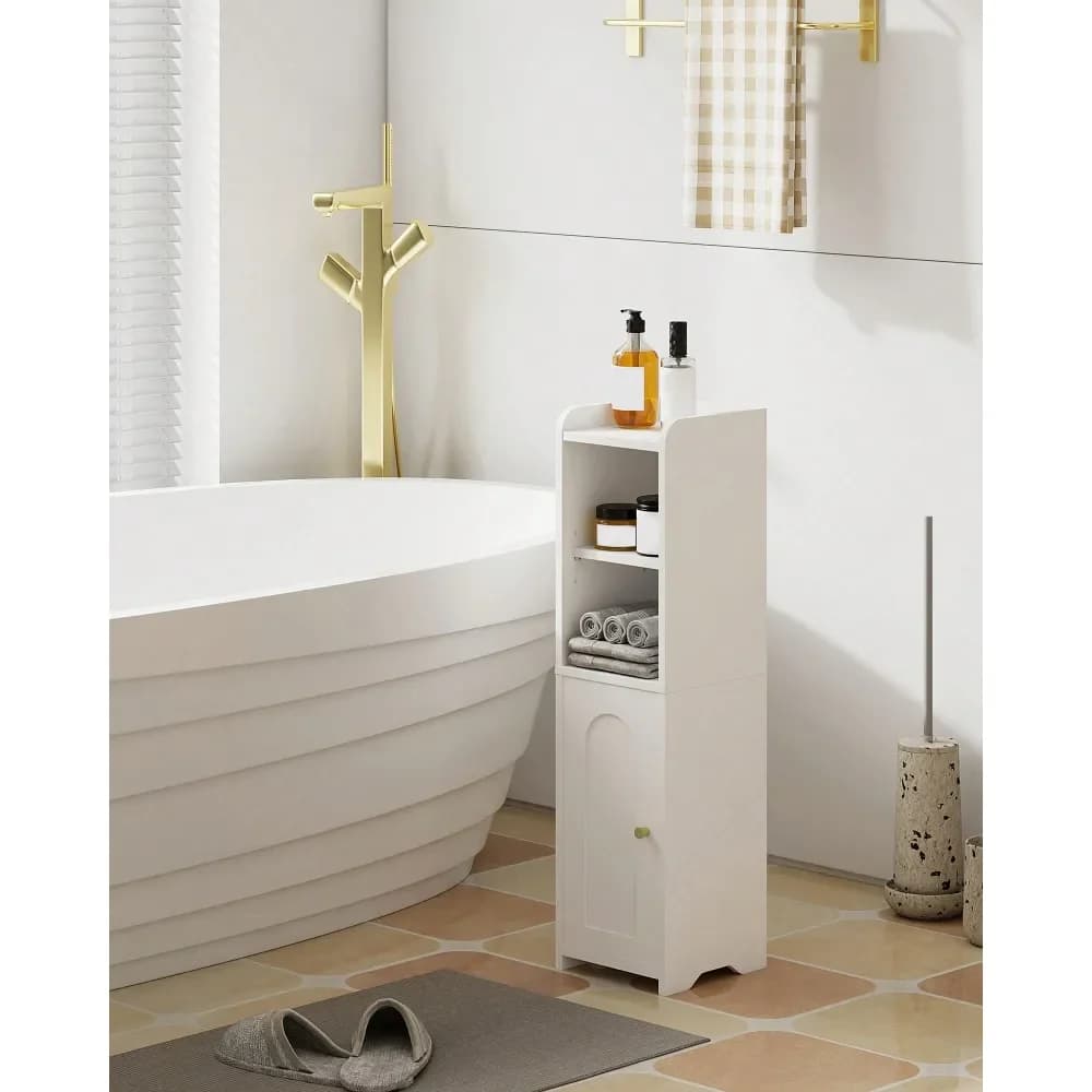 Mobiletto portaoggetti da bagno, mobiletto angolare da terra con ante e ripiano regolabile, mobiletto stretto per carta igienica, organizer da bagno