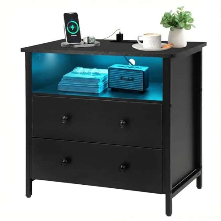 Comodino Largo 27 Pollici con 2 Cassetti, Tavolino da Notte in Legno Marrone con Illuminazione LED e Stazione di Ricarica, Cassetto Regolabile per B
