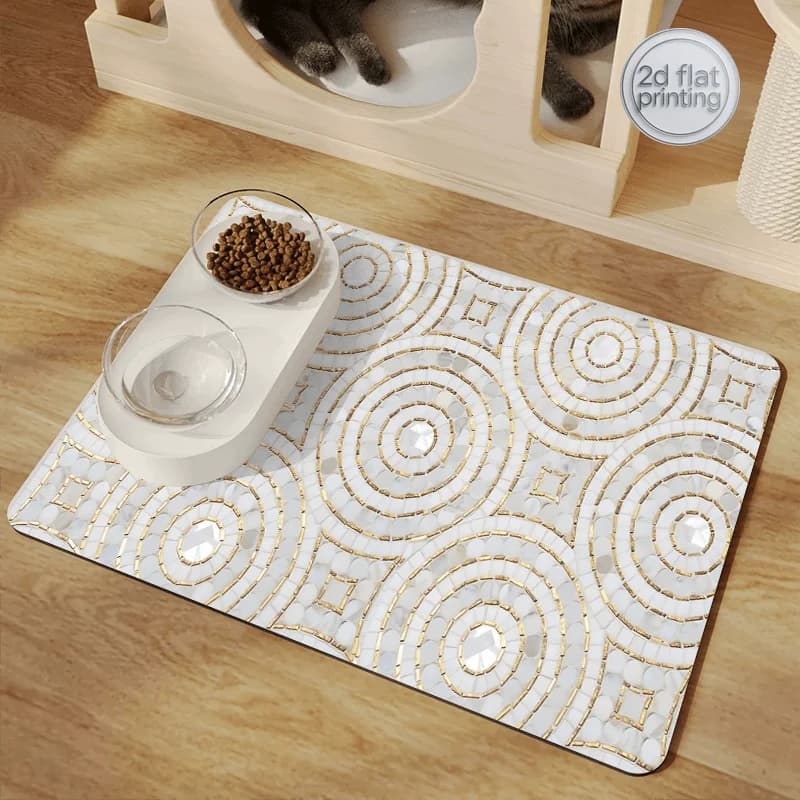 Tappetino per Cibo per Cani e Gatti ad Assorbimento Rapido con Motivo Geometrico a Cerchi Dorati | Tappetino antiscivolo per l'alimentazione degli animali domestici