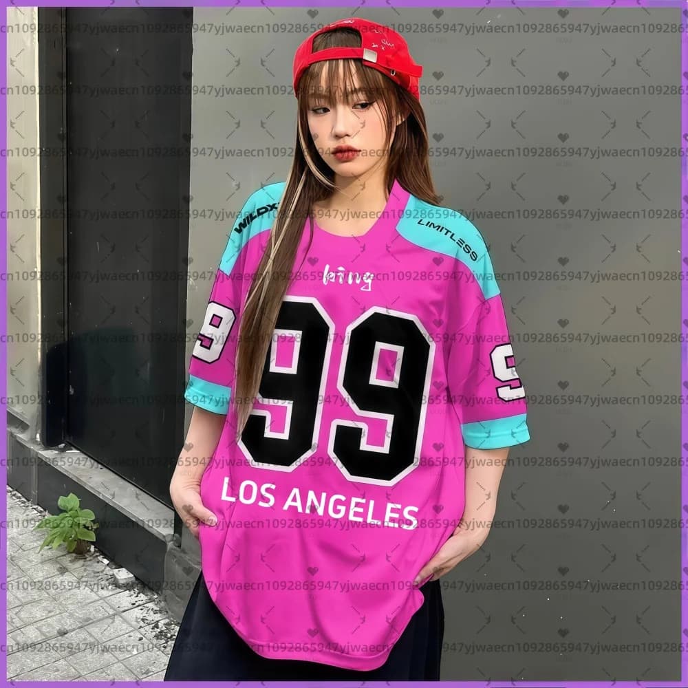 T-shirt Oversize da Donna 2026 con Stampa KING Los Angeles 99, Maglia Sportiva Estiva a Maniche Corte con Scollo a O e Design a Righe - Top da Baseball