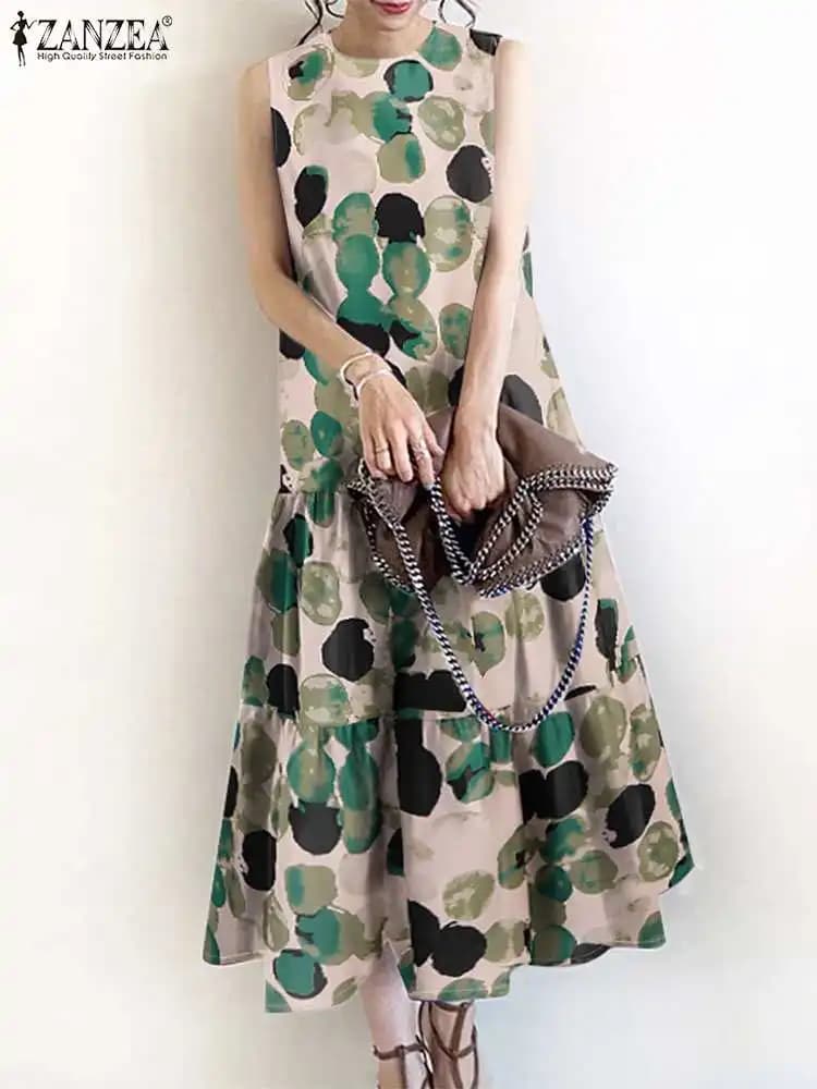 2024 ZANZEA Bohemian senza maniche stampato floreale prendisole donna abiti estivi moda Casual Ruffles Hem lungo Vestido Robe Femme