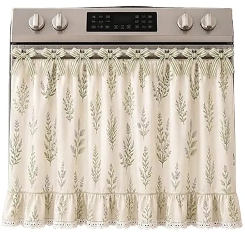 ABFU-Farmhouse Stove Skirt Oven Curtain For Kitchen Decor, Cotton Blend Stove Curtain With Lace Ruffle Trim & 9 Ribbon Ties
