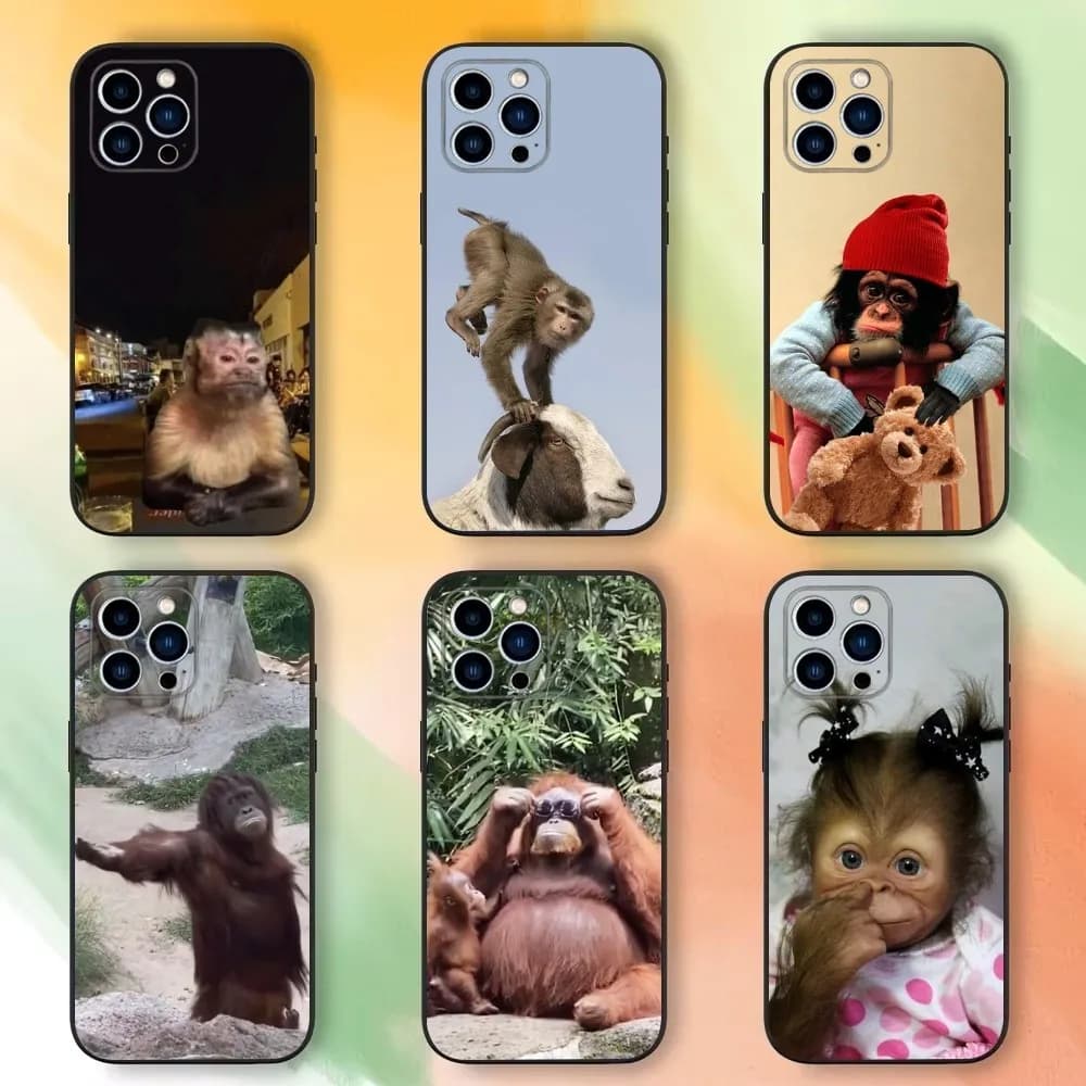 Cute funny Monkey Phone Case For iPhone 16,15,14,13,12,11 Plus,Pro Max,XS,X,XR,SE,Mini,8,7，Soft Silicone Black Cover