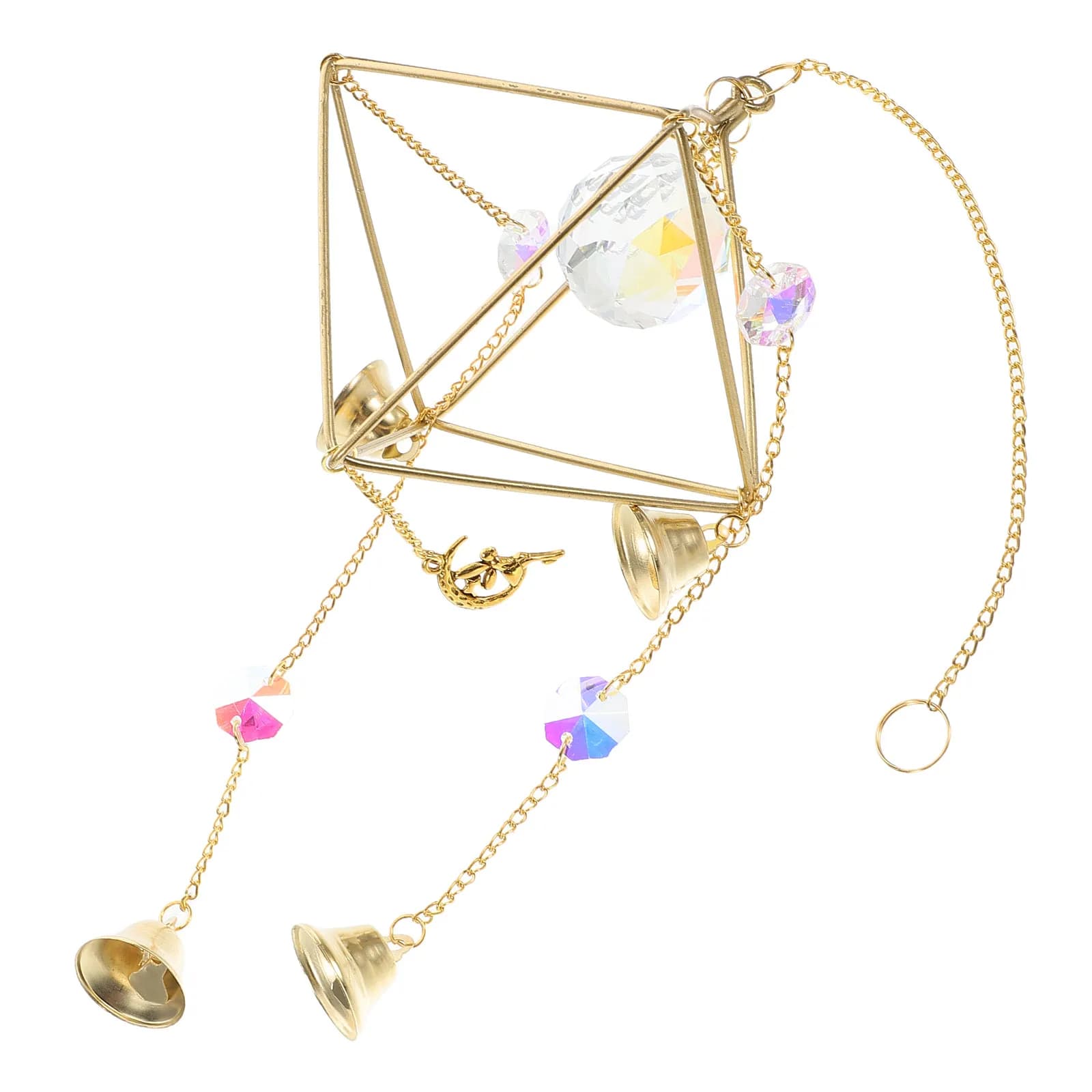 Golden Metal Bell Wind Chime with Crystal Suncatcher Pendant Clear Melodic Sound Garden Patio Living Room Window Decor Hanging