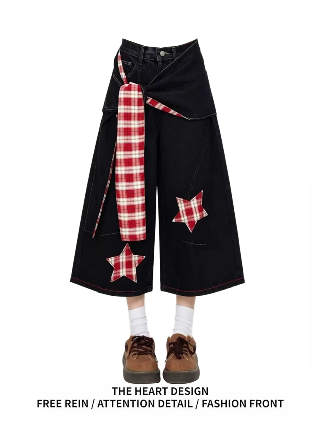 Jeans a vita alta a gamba larga da donna, stile casual, gonna in denim a sette quarti, design a stella scozzese con taglio a lama, pantaloncini alla moda