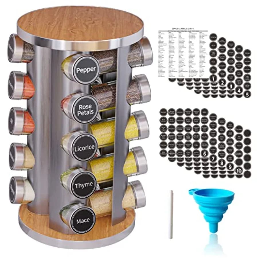 Set Girevole Porta Spezie con 20 Barattoli, Organizzatore a Torre per Spezie da Cucina per Piano di Lavoro o Armadietto - Include Sistema di Stoccaggio a Carosello