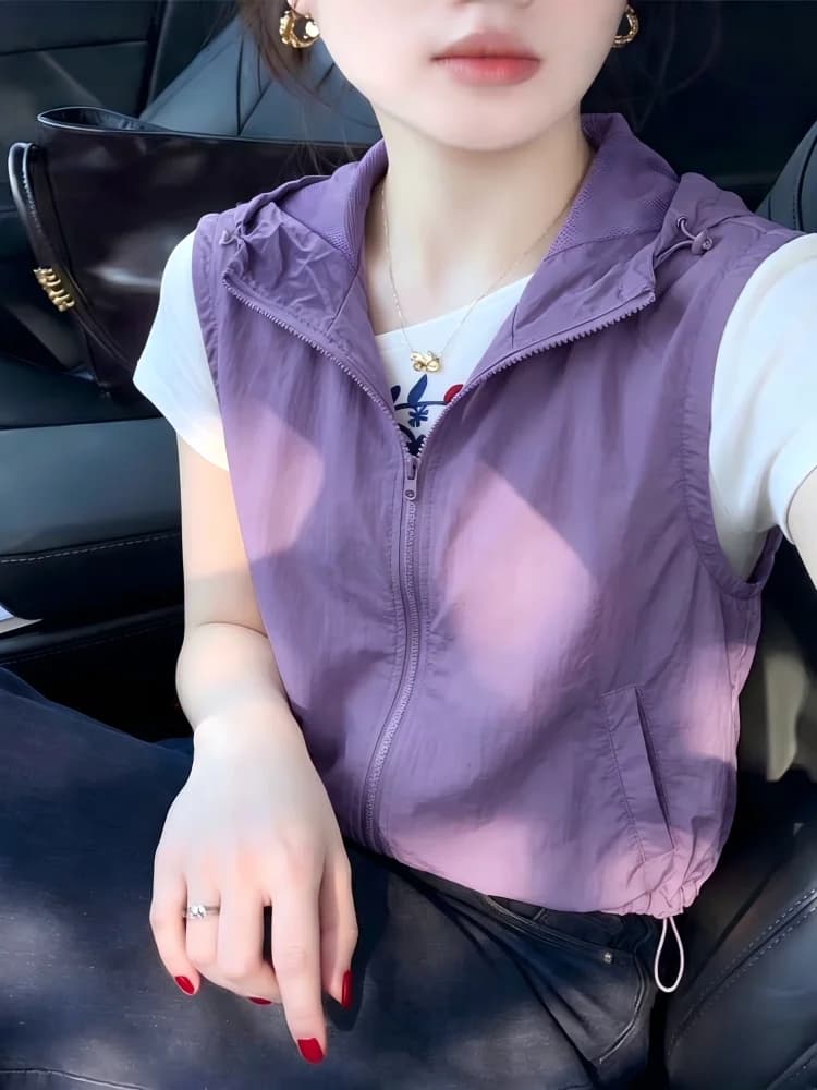 Gilet da donna leggero e ampio senza maniche con protezione solare, giacca casual versatile per primavera/estate con cappuccio e rete in tessuto
