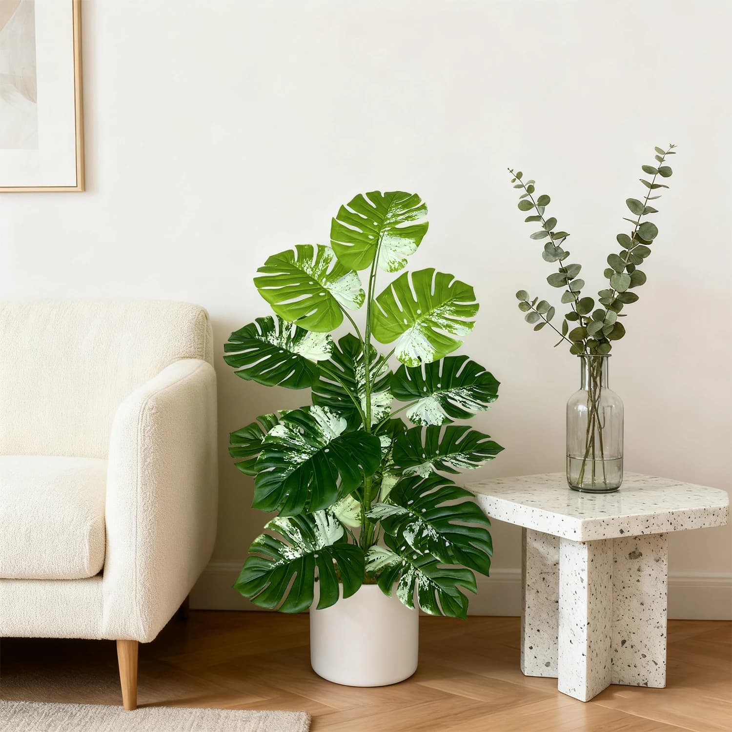 Pianta artificiale Monstera da 120 cm, ramo di palma tropicale, ornamento finto per la decorazione di casa, soggiorno, camera da letto, giardino, balcone