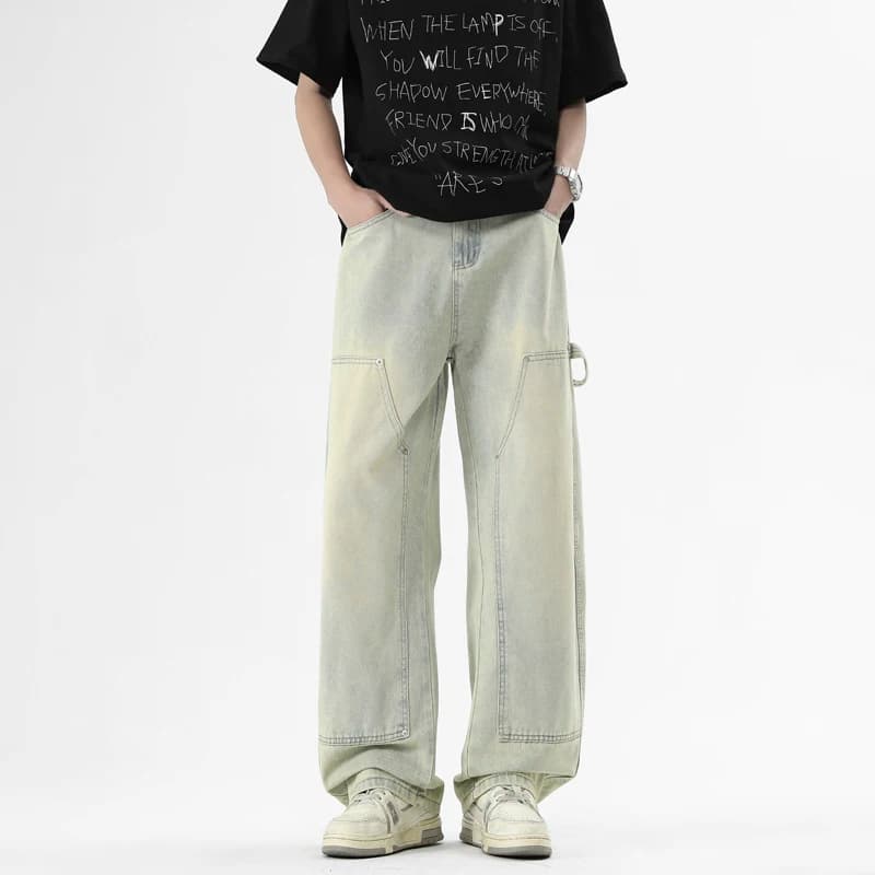 Jeans blu neri da uomo larghi fitness rivetti rattoppati dritti Desinger pantaloni da uomo streetwear vintage pantaloni in denim Casaul