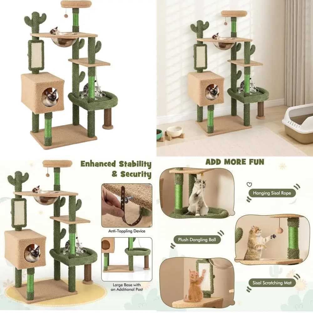 Albero per Gatti Alto 150 cm con Pali in Sisal, Cuccia, Tettarella, Letto, Tiragraffi, Corda, Palla - Torre per Gatti da Interno Verde