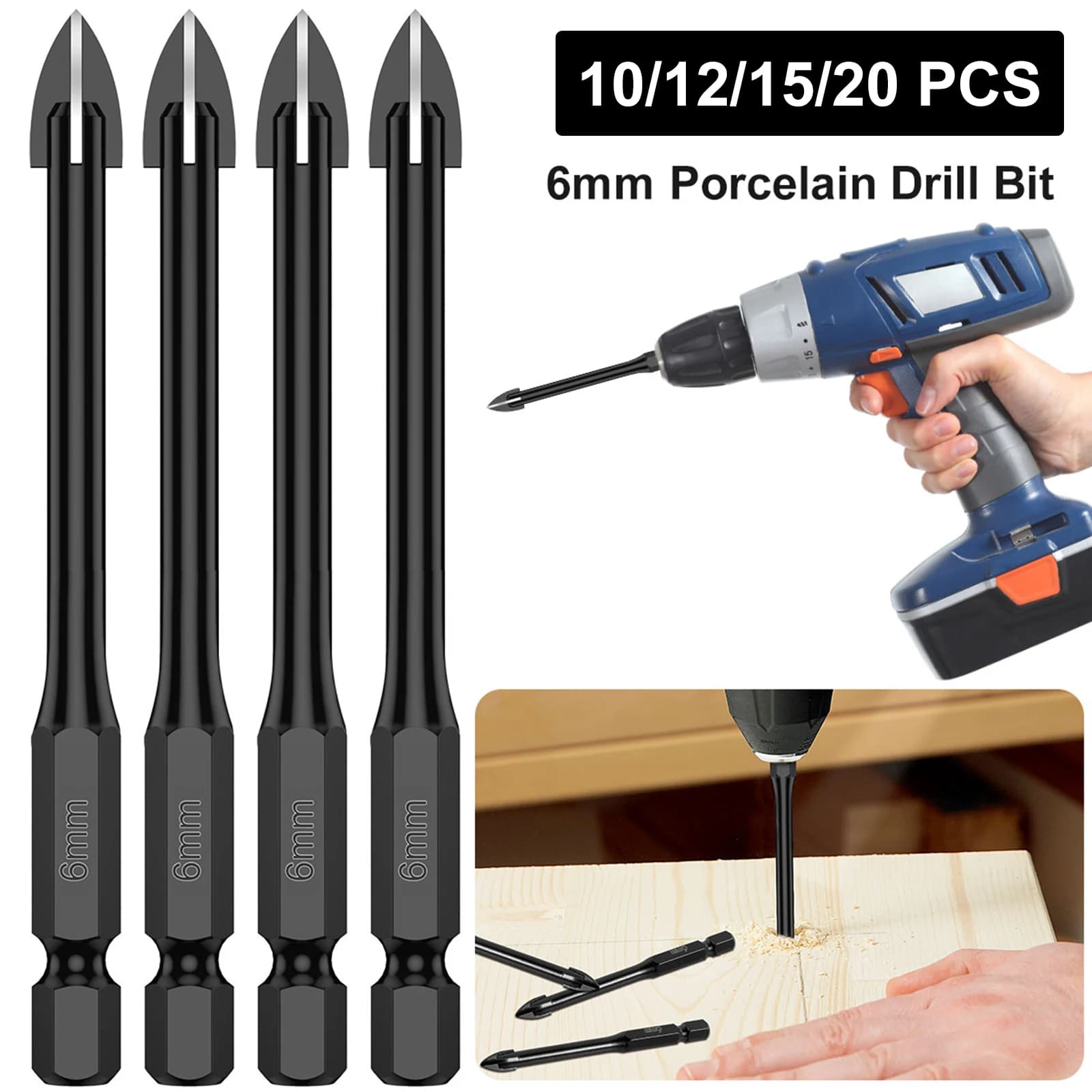 10/12/15Pcs 6mm Cross Hex Drill Bit Set For Tile Porcelain Glass Multifunction Tile Porcelain Drill Bit Kit Tool Carbide Drills