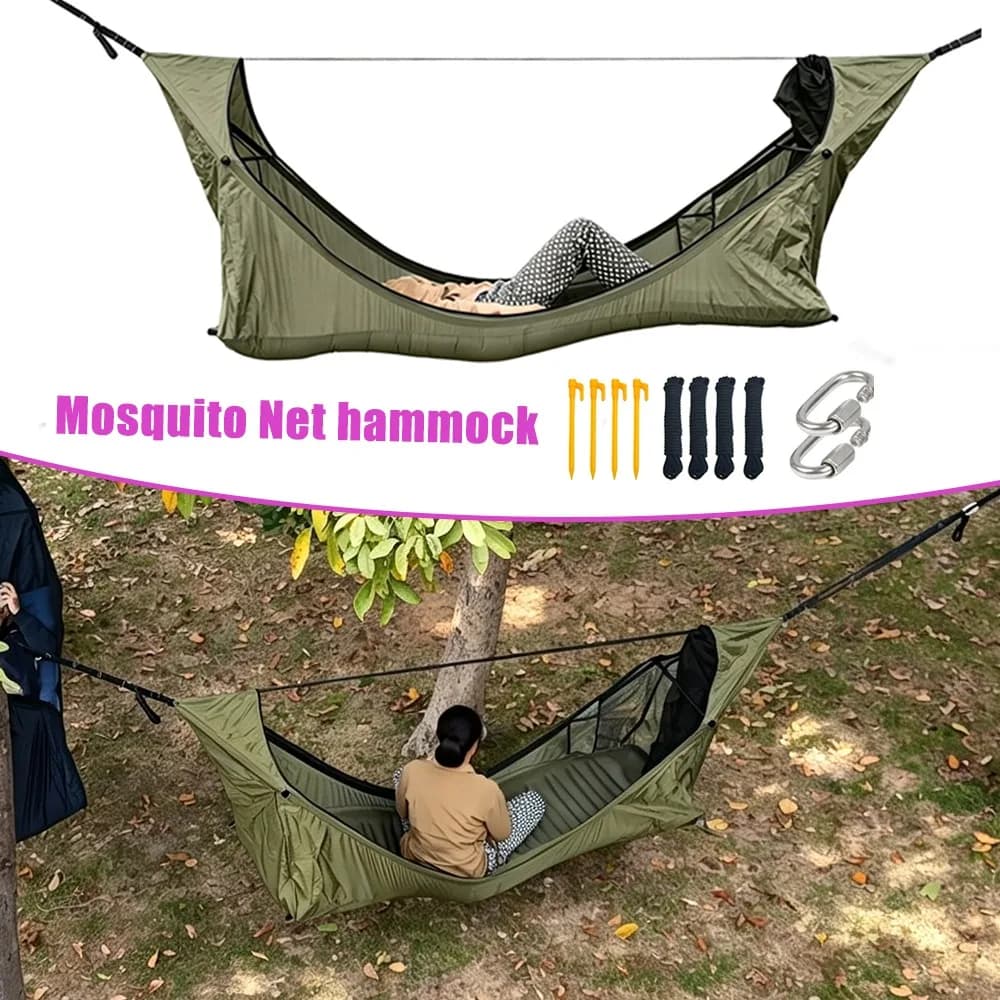 Flat Hammock with Mosquito Net Swing Camping Tent Outdoor Anti Rollover Waterproof Rainfly Insulation Pad Easy Setup