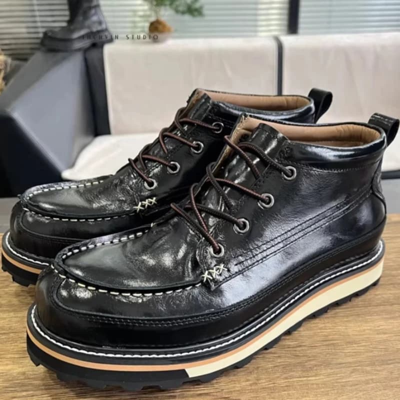 Stivali Alti da Uomo in Stile Nordico, Cuciti a Mano in Pelle Bovina, con Suola Morbida Elastica Composita, Stivali Casual Western con Rialzo Interno